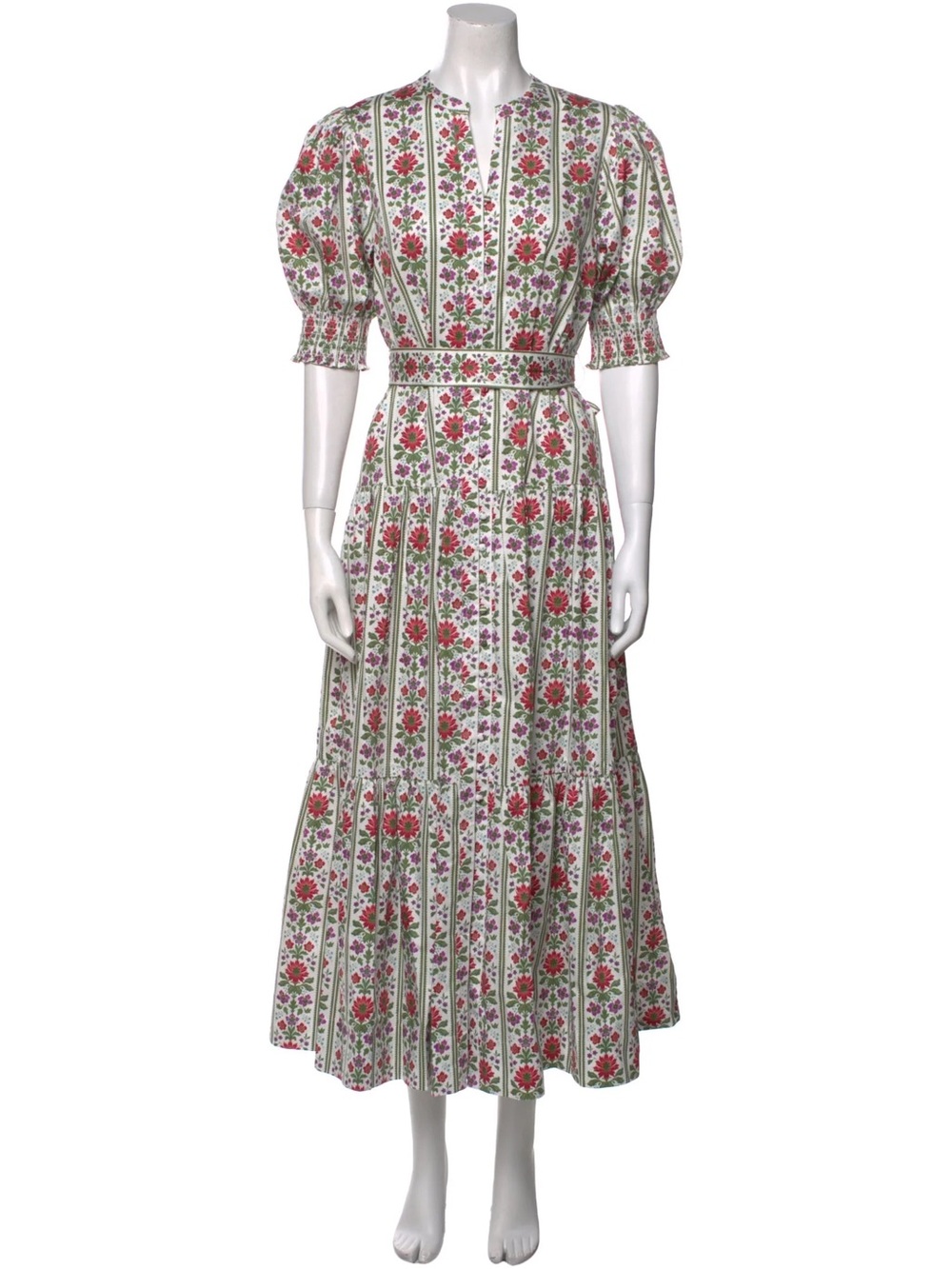 Floral Midi Dress with Puff Sleeves - White & Pink with Belt